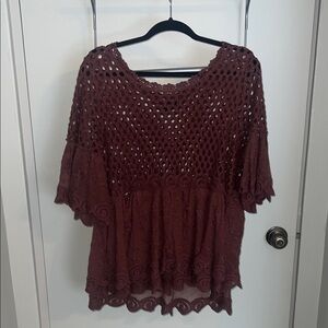Buckle Crochet Lace Blouse - Rich Brown